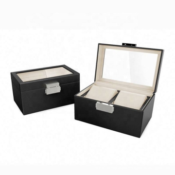 2 slot black rectangle watch box custom Logo watch leather box